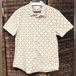 BP- White and Orange Casual Button Down Shirt with Geometric Pattern- Large‎